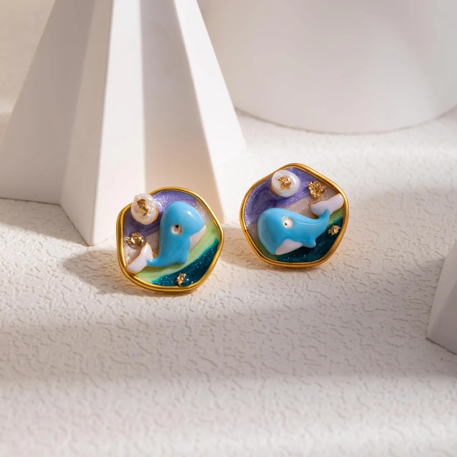 Women's Gold Plated Vintage Hand Painted Stud Earrings Set - Floral Lily, Conch, Fish & Starfish Designs with Pearls, Hypoallergenic 925 Sterling Silver Posts, Summer Beach Holiday Wedding Jewelry Gifts