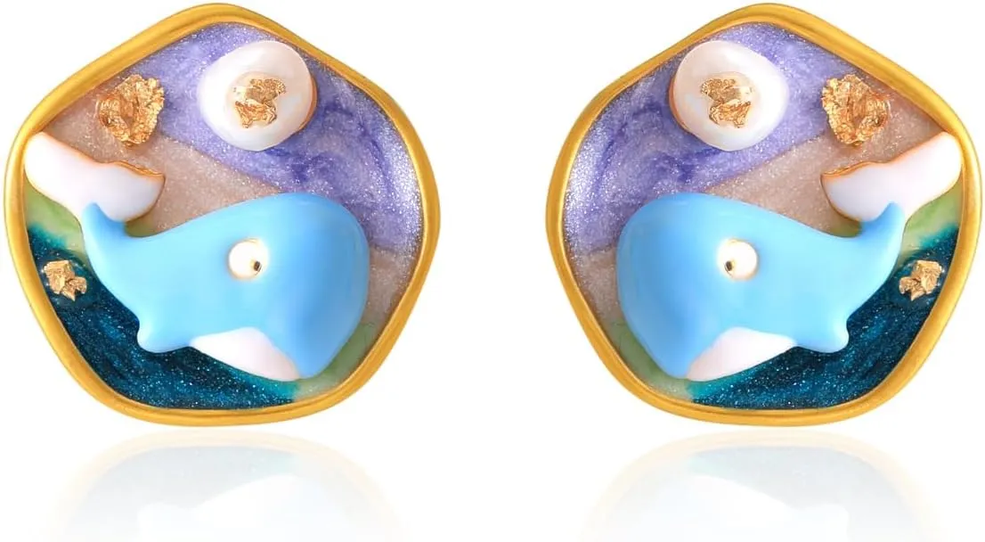 Women's Gold Plated Vintage Hand Painted Stud Earrings Set - Floral Lily, Conch, Fish & Starfish Designs with Pearls, Hypoallergenic 925 Sterling Silver Posts, Summer Beach Holiday Wedding Jewelry Gifts