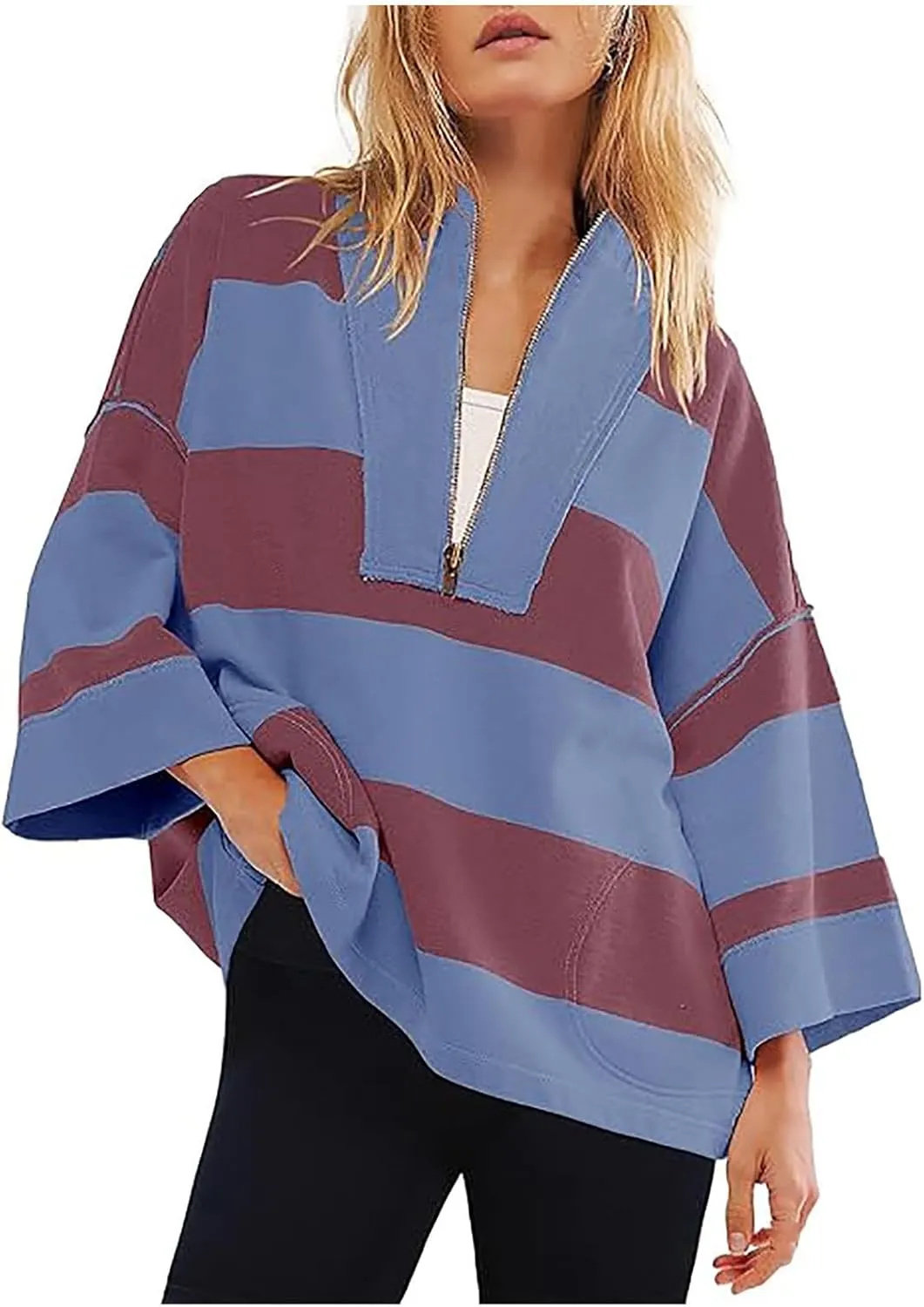 Women's Half Zip Sweatshirts Lightweight Oversized Tshirt Shirts Fall Trendy Long Sleeve V Neck Pullover Blouse Tops