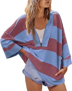 Women's Half Zip Sweatshirts Lightweight Oversized Tshirt Shirts Fall Trendy Long Sleeve V Neck Pullover Blouse Tops