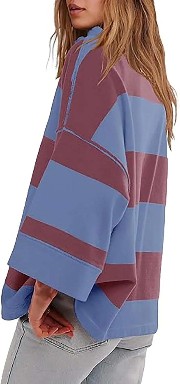 Women's Half Zip Sweatshirts Lightweight Oversized Tshirt Shirts Fall Trendy Long Sleeve V Neck Pullover Blouse Tops