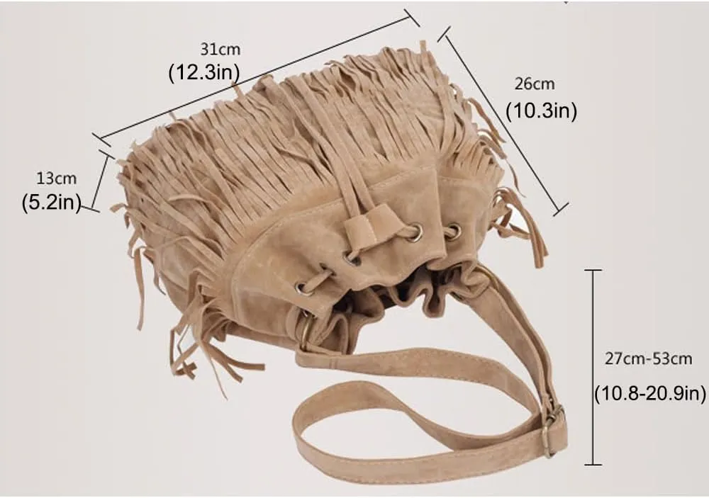 Womens Handbags Purse Frosted Leather Bucket Fringe Satchel Crossbody Bags Drawstring Shoulder Bag