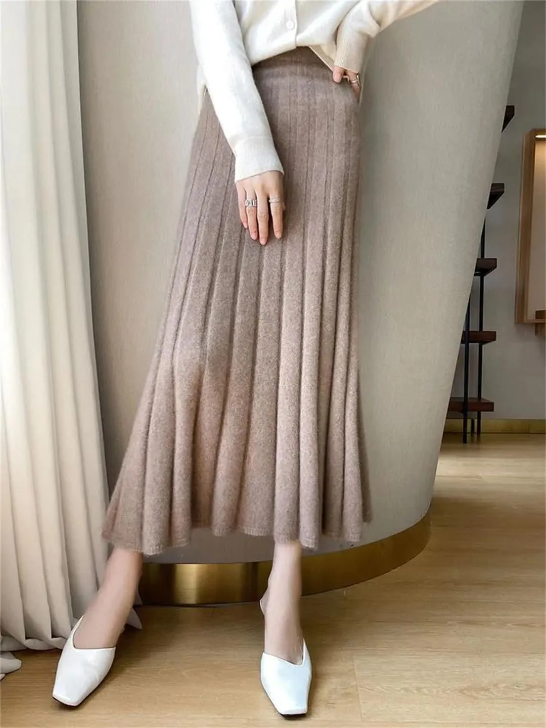 Women's High Waist Pleated Skirt Elegant College Style Midi Skirt Thick Ladies Fashion Autumn Skirt
