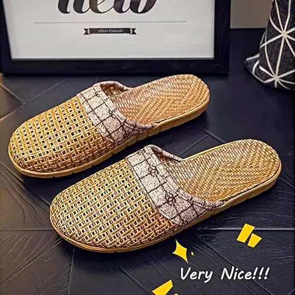 Women's Indoor Woven Straw Slippers Lightweight Breathable Silent Linen Sandals Comfortable Floor Shoes