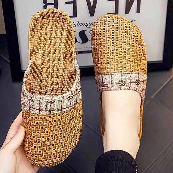 Women's Indoor Woven Straw Slippers Lightweight Breathable Silent Linen Sandals Comfortable Floor Shoes