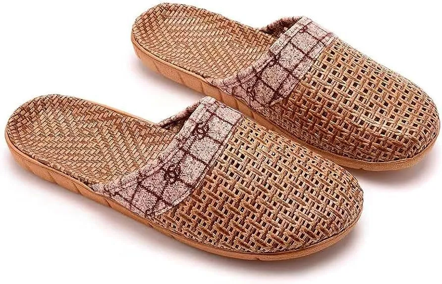 Women's Indoor Woven Straw Slippers Lightweight Breathable Silent Linen Sandals Comfortable Floor Shoes