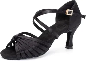Women's Latin Dance Shoes Satin Professional Ballroom Salsa Practice Performance Dance Shoes, LP1219ZS-Black-7,US 8