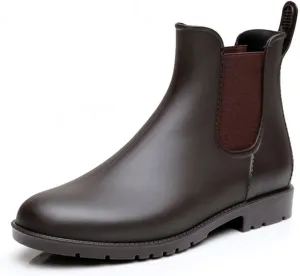 Women's Leather Chunky Heel Ankle Rain Boots Comfortable Round Toe Non-Slip Waterproof Lightweight Outdoor Garden Chelsea Short Boots