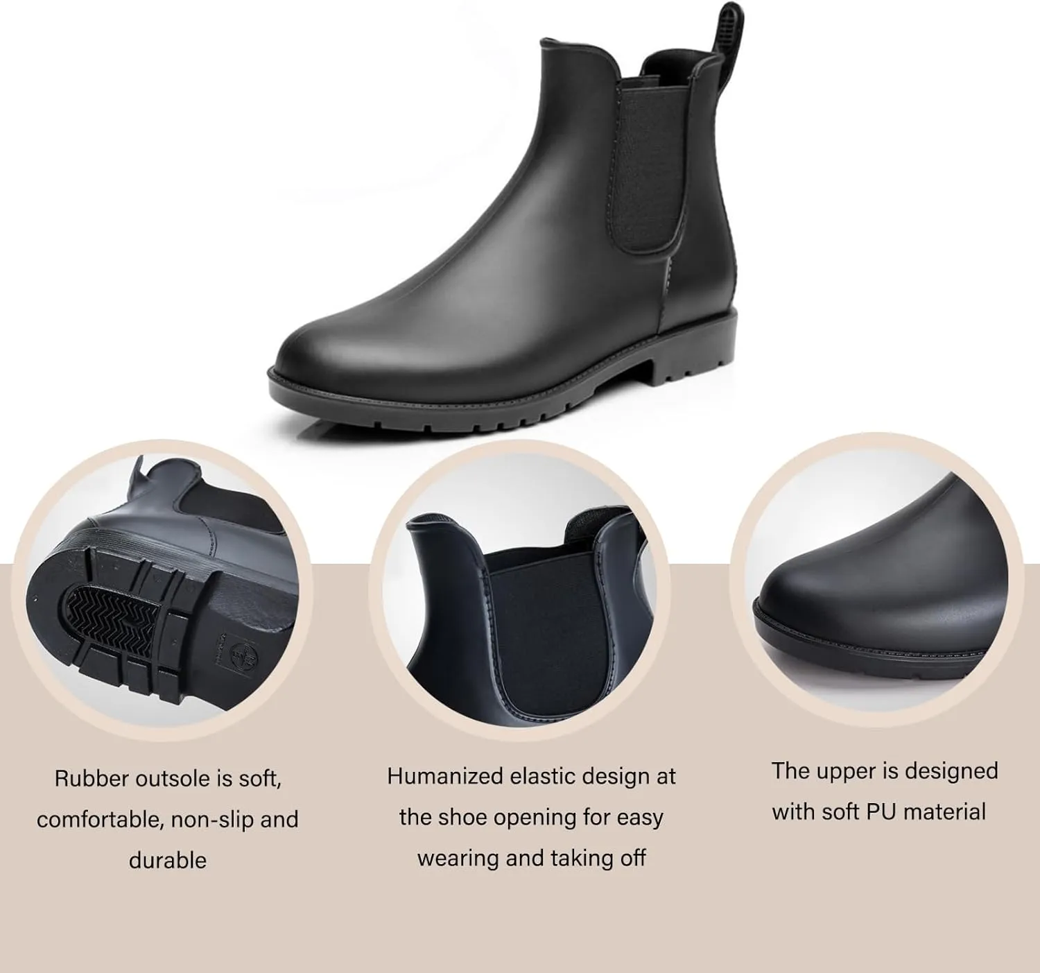 Women's Leather Chunky Heel Ankle Rain Boots Comfortable Round Toe Non-Slip Waterproof Lightweight Outdoor Garden Chelsea Short Boots