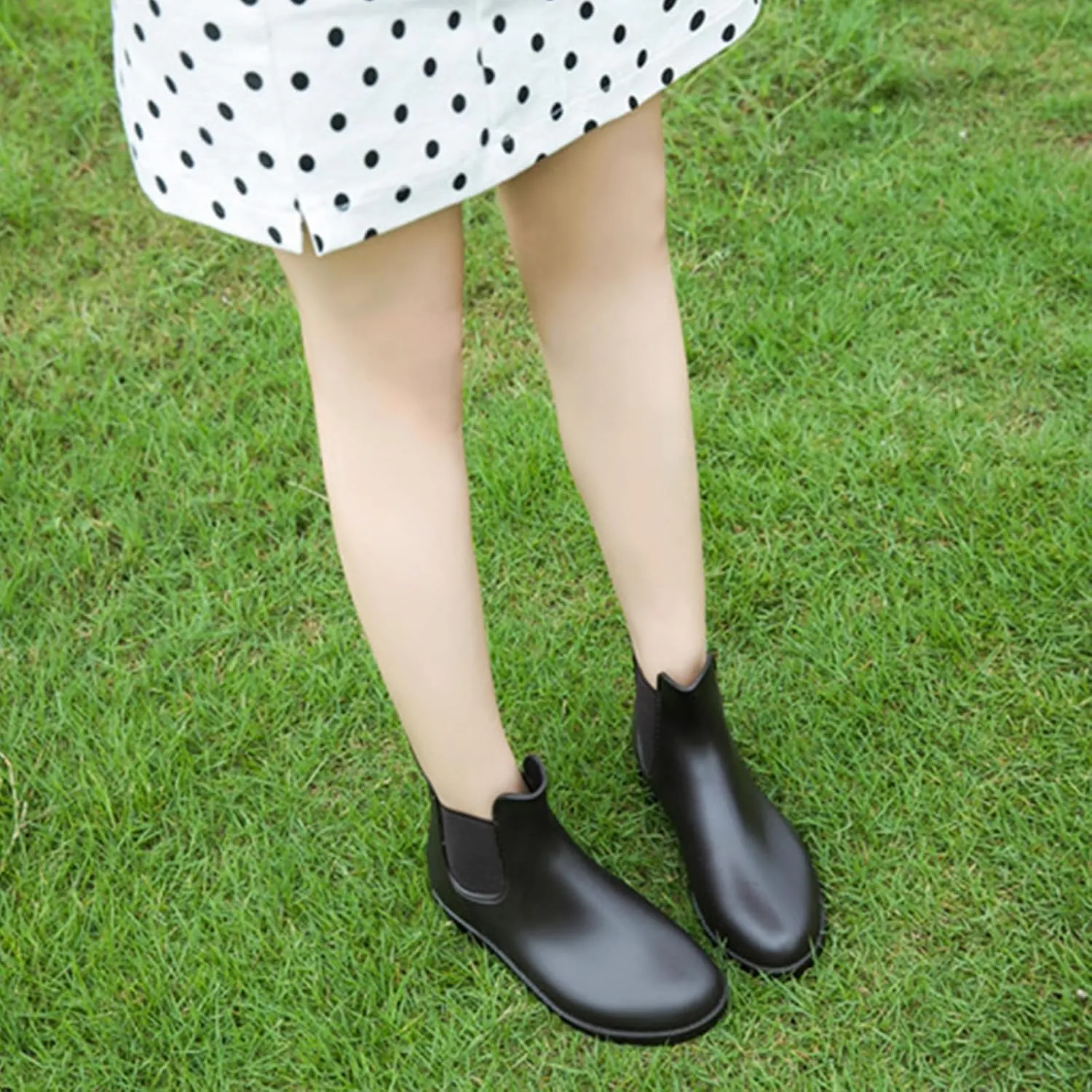 Women's Leather Chunky Heel Ankle Rain Boots Comfortable Round Toe Non-Slip Waterproof Lightweight Outdoor Garden Chelsea Short Boots