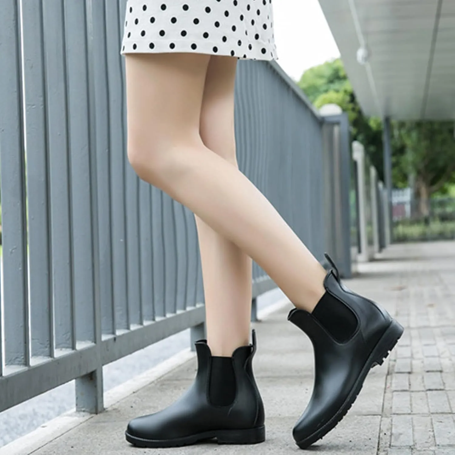 Women's Leather Chunky Heel Ankle Rain Boots Comfortable Round Toe Non-Slip Waterproof Lightweight Outdoor Garden Chelsea Short Boots