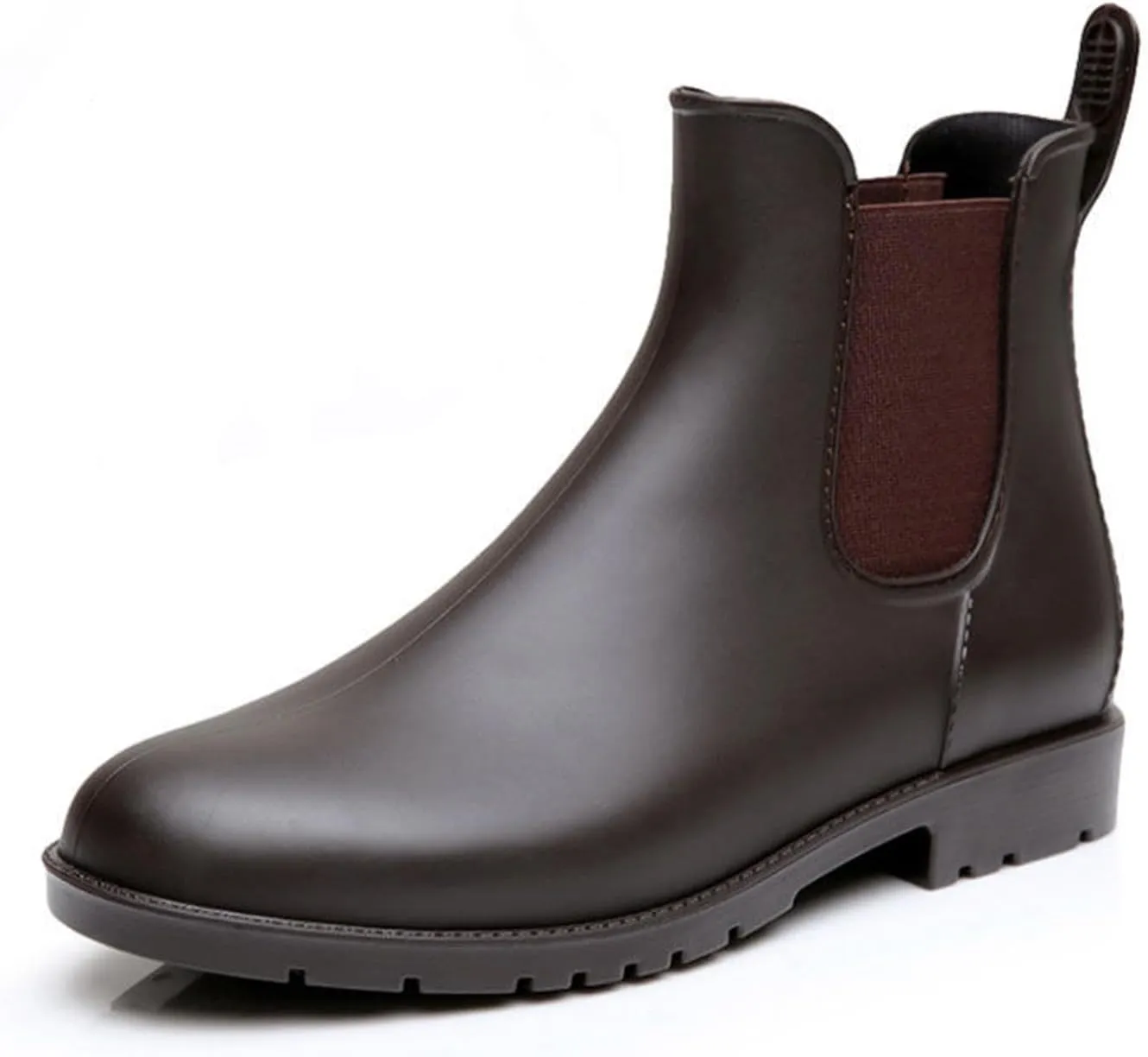 Women's Leather Chunky Heel Ankle Rain Boots Comfortable Round Toe Non-Slip Waterproof Lightweight Outdoor Garden Chelsea Short Boots