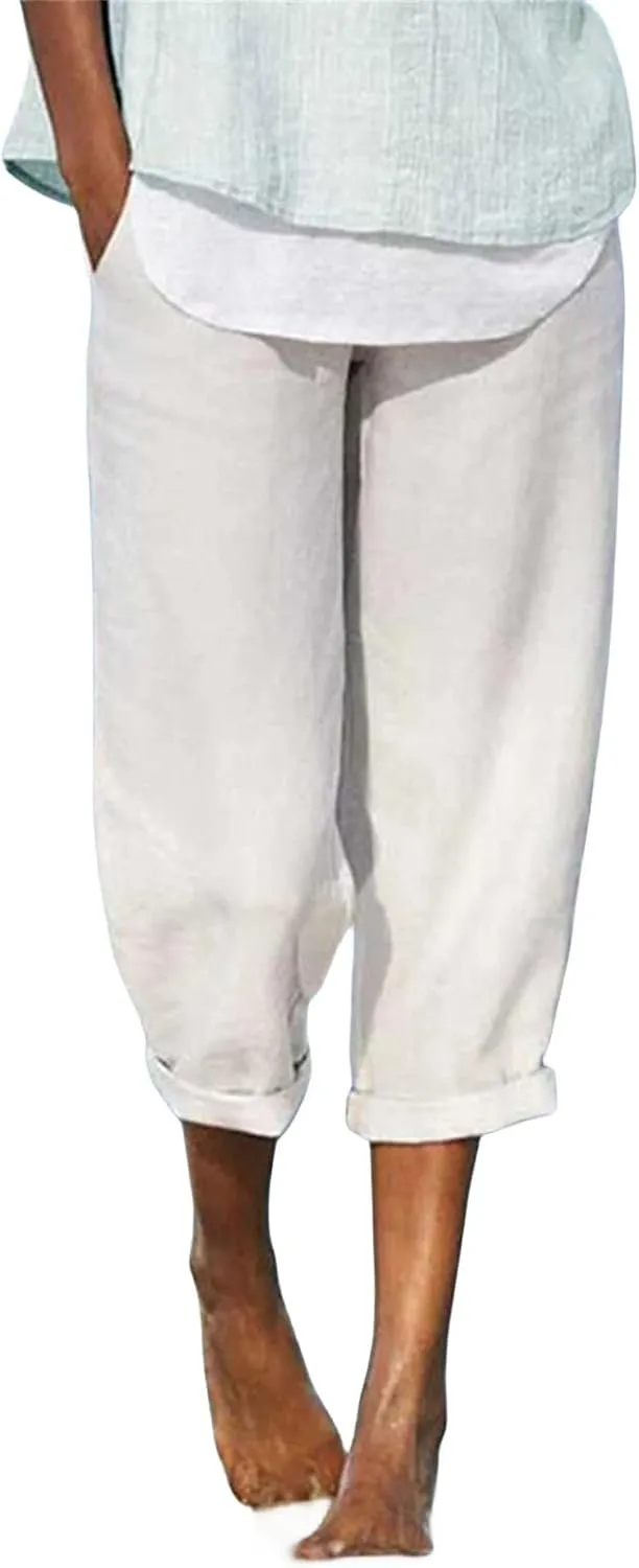 Women's Linen Capri Pants Loose Elastic Waist Tapered Ankle Cropped Trouser Summer Baggy Beach Yoga Pants with Pockets