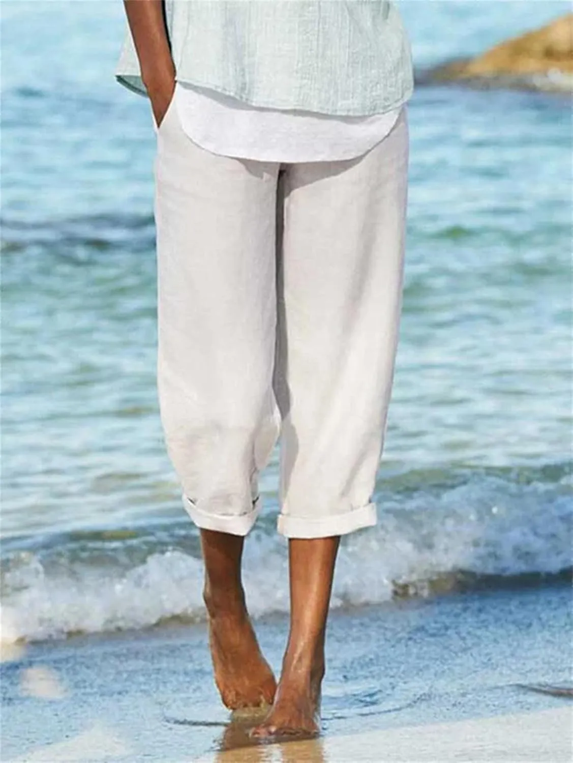 Women's Linen Capri Pants Loose Elastic Waist Tapered Ankle Cropped Trouser Summer Baggy Beach Yoga Pants with Pockets