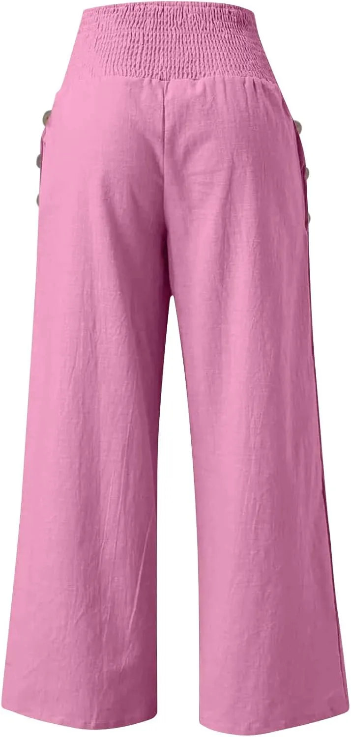 Womens Linen Pants Casual Loose Wide Leg Pants for Women Elastic Waist Palazzo Pants Trousers with Pockets