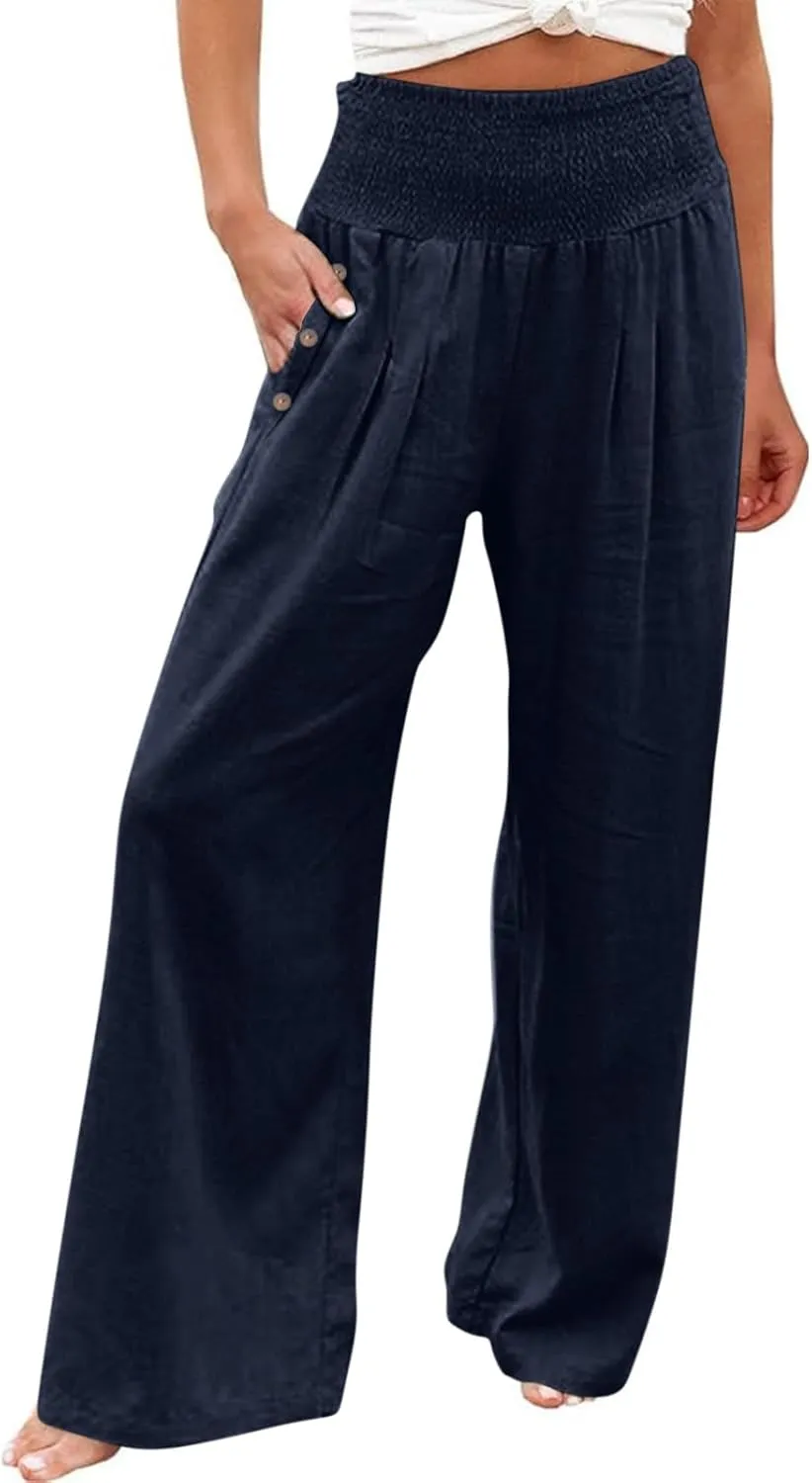 Womens Linen Pants Casual Loose Wide Leg Pants for Women Elastic Waist Palazzo Pants Trousers with Pockets