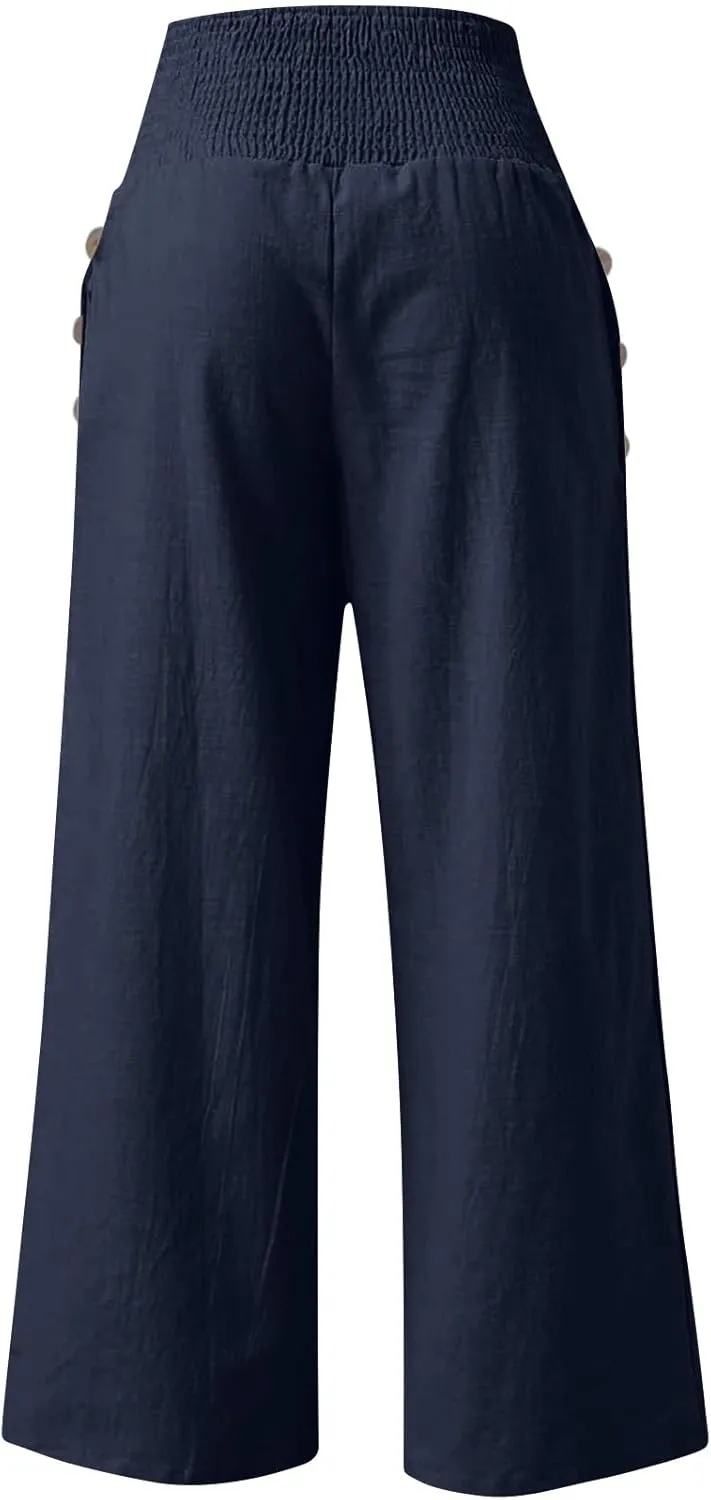 Womens Linen Pants Casual Loose Wide Leg Pants for Women Elastic Waist Palazzo Pants Trousers with Pockets