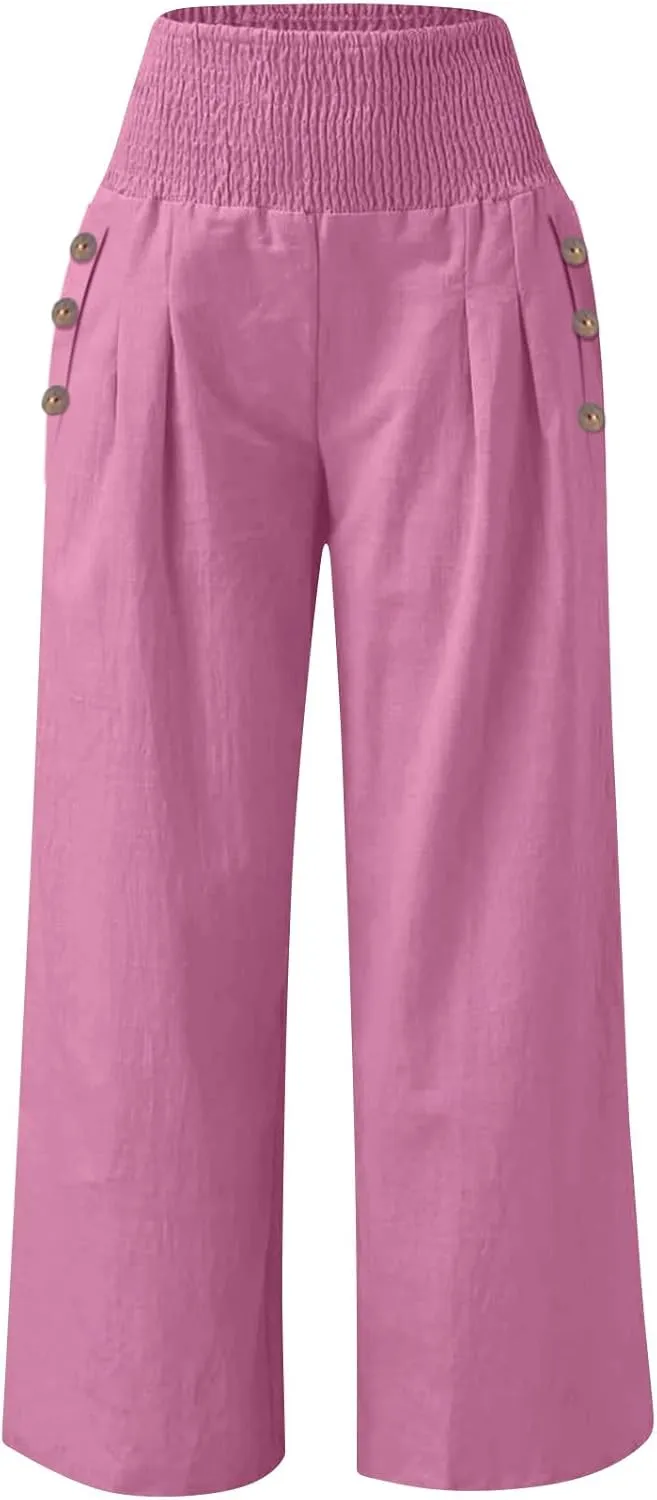 Womens Linen Pants Casual Loose Wide Leg Pants for Women Elastic Waist Palazzo Pants Trousers with Pockets