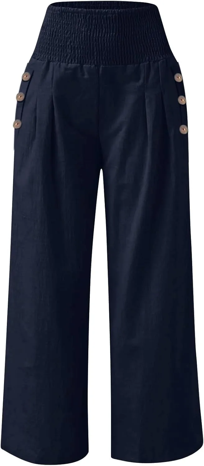 Womens Linen Pants Casual Loose Wide Leg Pants for Women Elastic Waist Palazzo Pants Trousers with Pockets