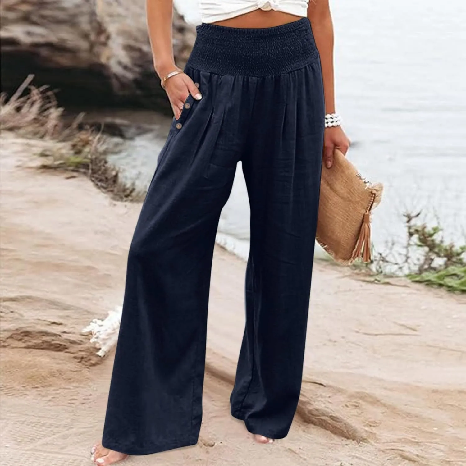 Womens Linen Pants Casual Loose Wide Leg Pants for Women Elastic Waist Palazzo Pants Trousers with Pockets