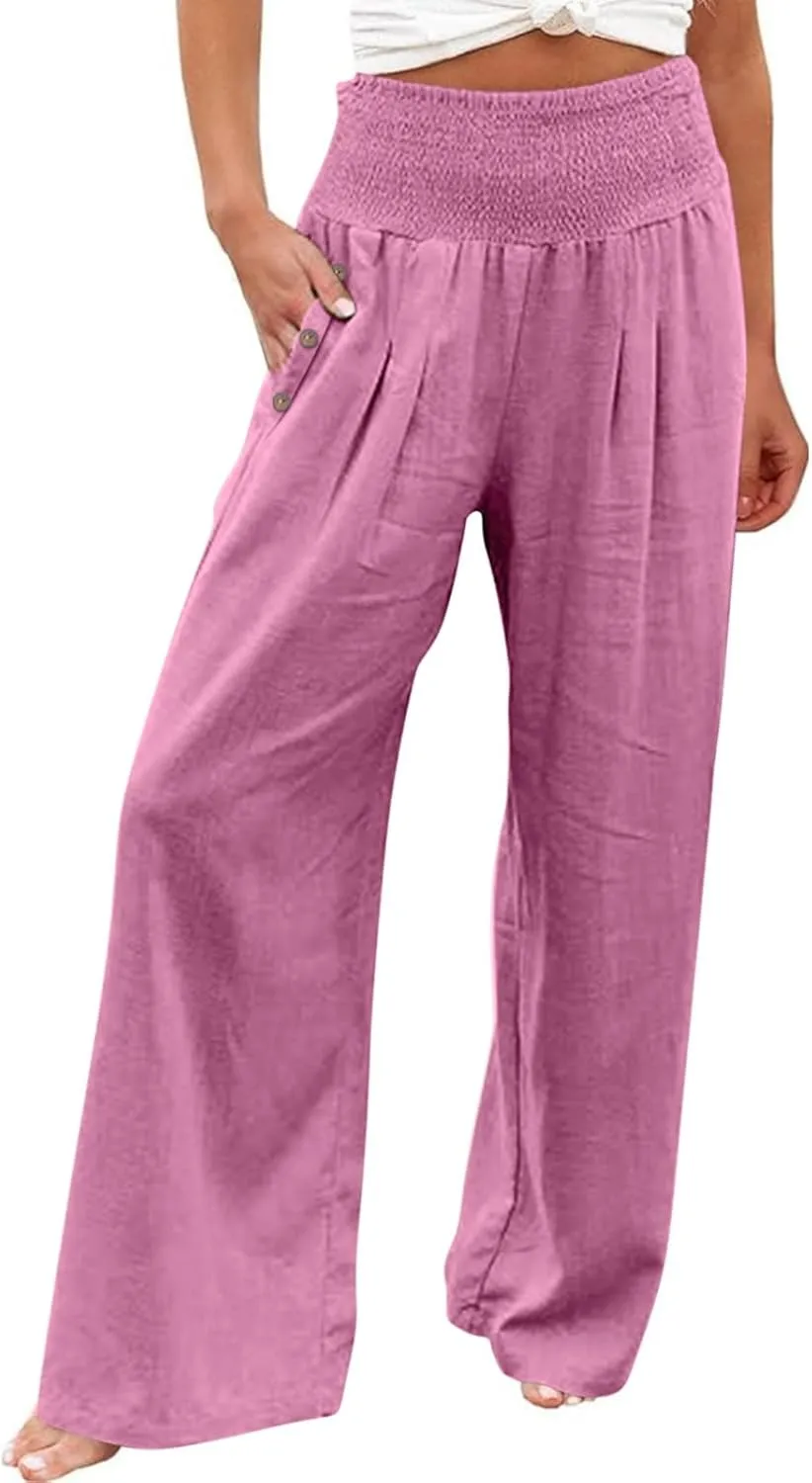 Womens Linen Pants Casual Loose Wide Leg Pants for Women Elastic Waist Palazzo Pants Trousers with Pockets