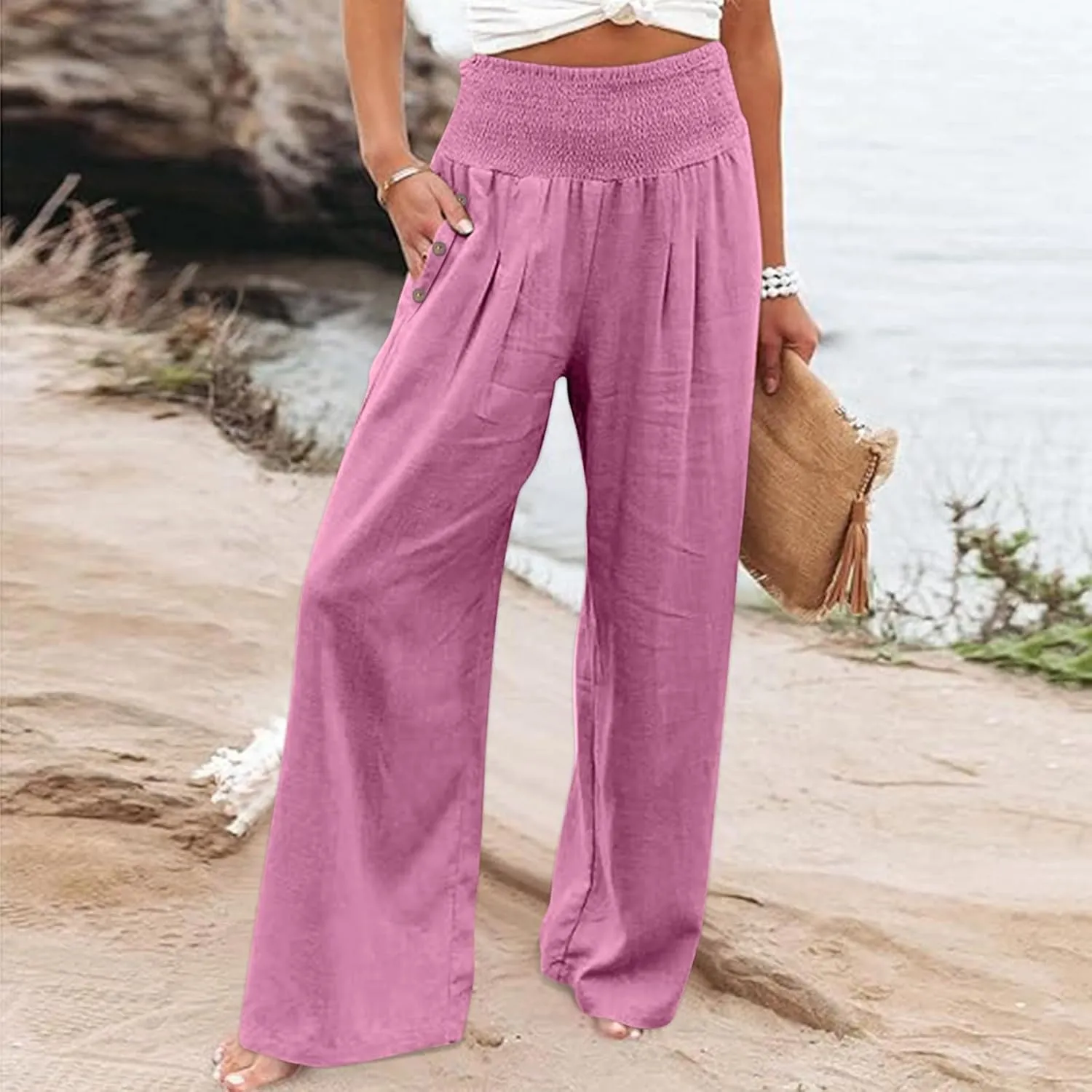Womens Linen Pants Casual Loose Wide Leg Pants for Women Elastic Waist Palazzo Pants Trousers with Pockets