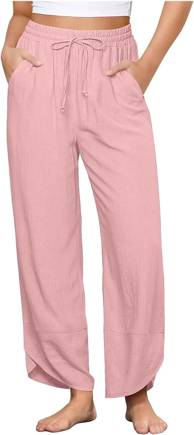 Women's Linen Wide Leg Pants High Waisted Loose Beach Palazzo Pants Summer Drawstring Cropped Trouser with Pockets