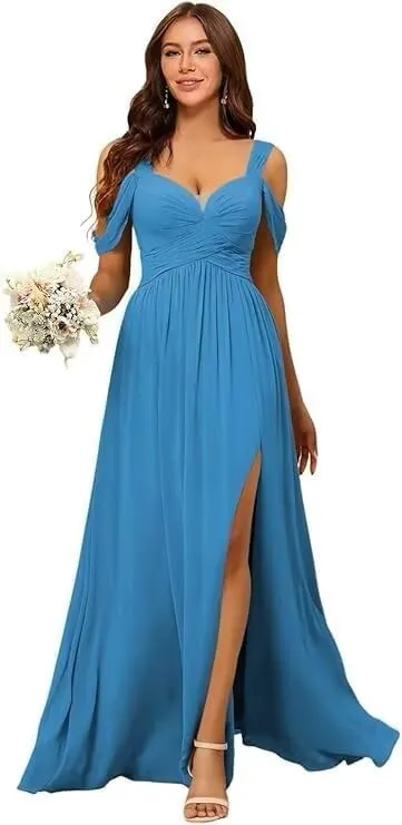 Women's Off Shoulder Bridesmaid Dresses with Slit Chiffon Floor Length Formal Evening Dresses DRSP006