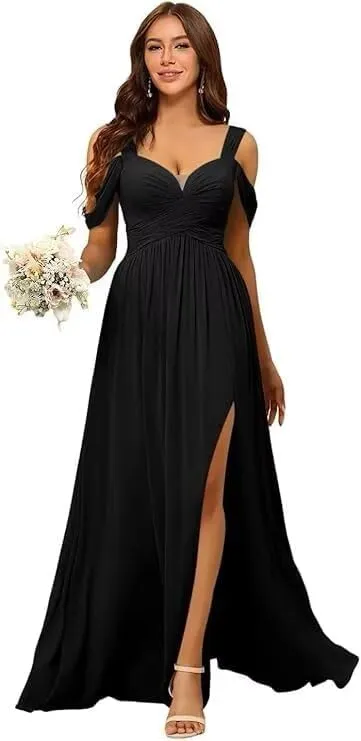 Women's Off Shoulder Bridesmaid Dresses with Slit Chiffon Floor Length Formal Evening Dresses DRSP006