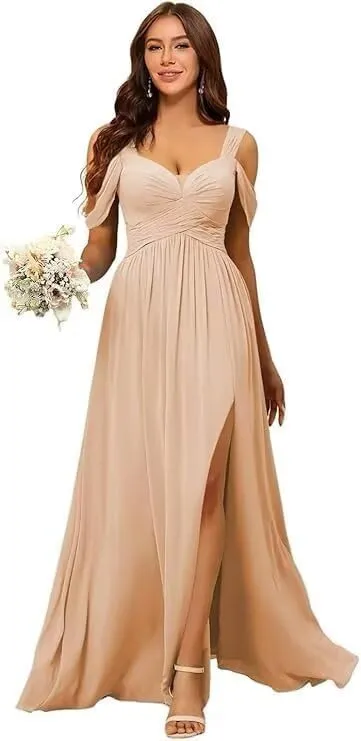 Women's Off Shoulder Bridesmaid Dresses with Slit Chiffon Floor Length Formal Evening Dresses DRSP006