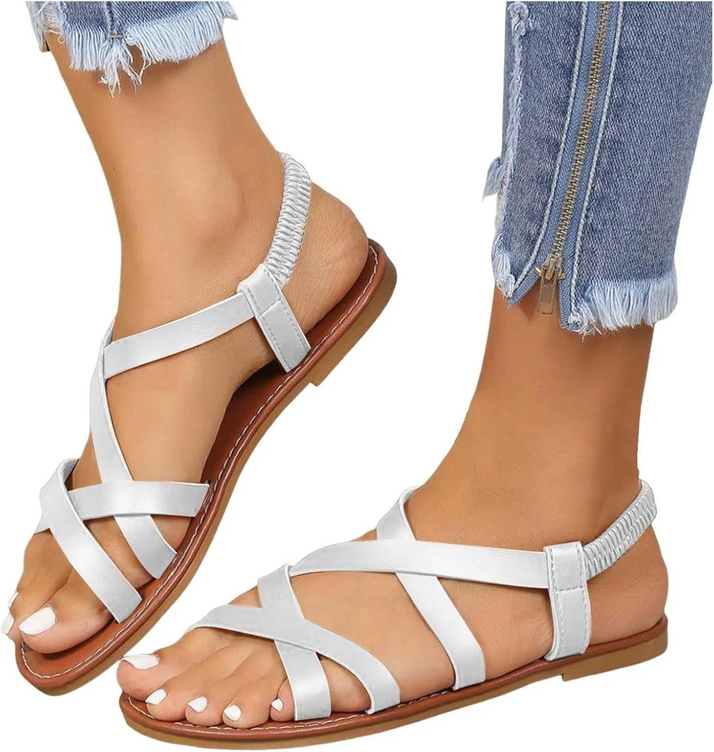 Women's Open Toe Flat Sandals Elastic Ankle Strap Summer Dress Shoes Comfortable Versatile Minimalist Sandals