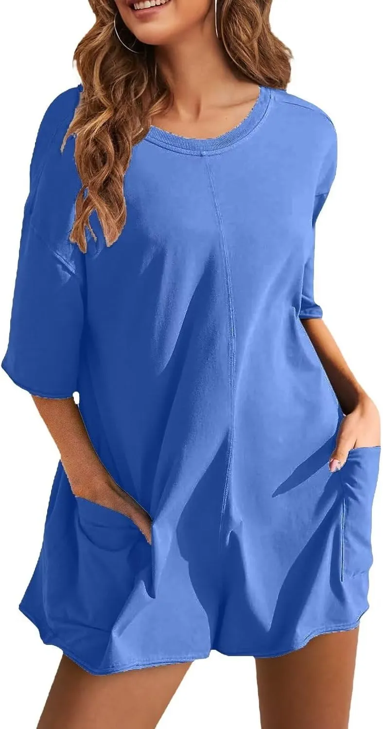 Womens Oversized Tee Shirt Romper Back V Neck Short Sleeve Loose Jumpsuit Shorts