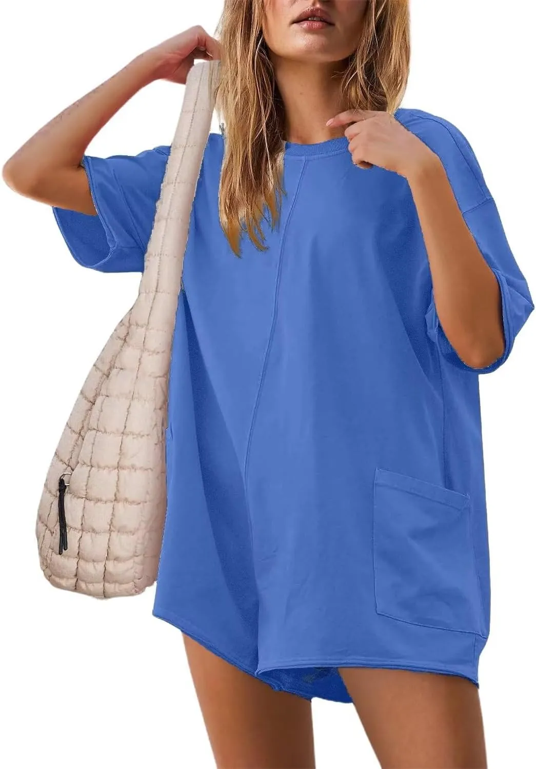Womens Oversized Tee Shirt Romper Back V Neck Short Sleeve Loose Jumpsuit Shorts