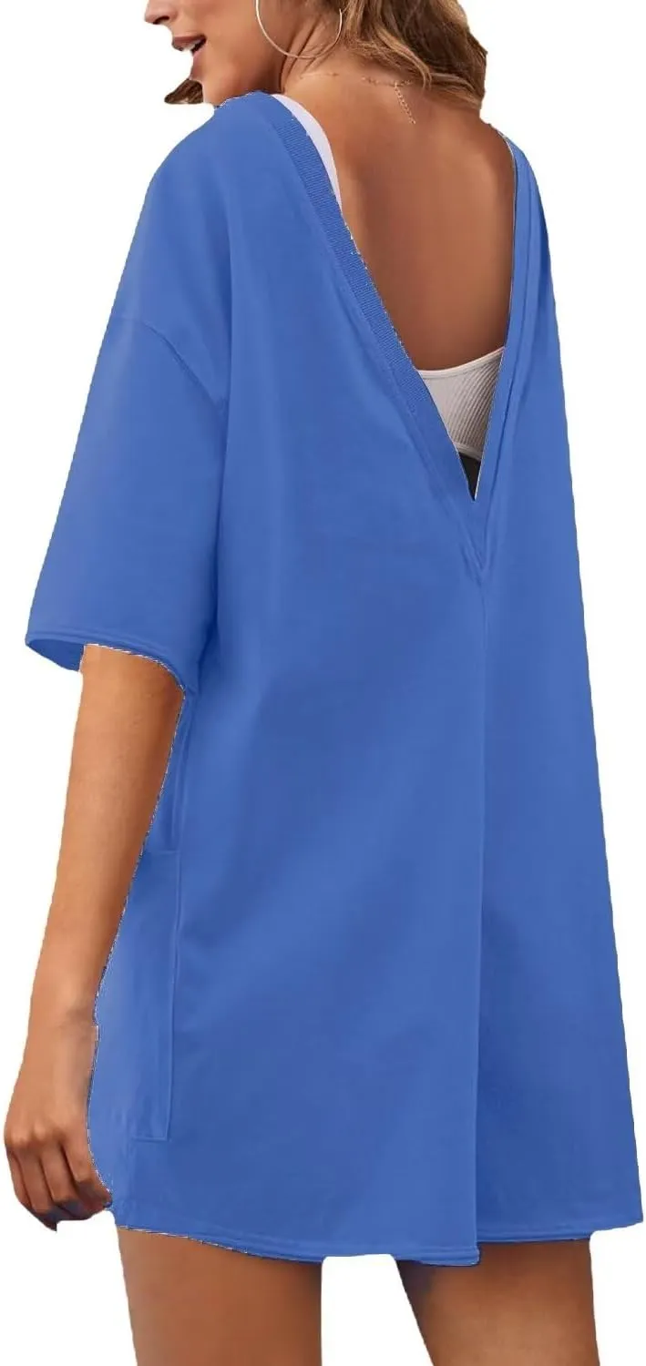 Womens Oversized Tee Shirt Romper Back V Neck Short Sleeve Loose Jumpsuit Shorts