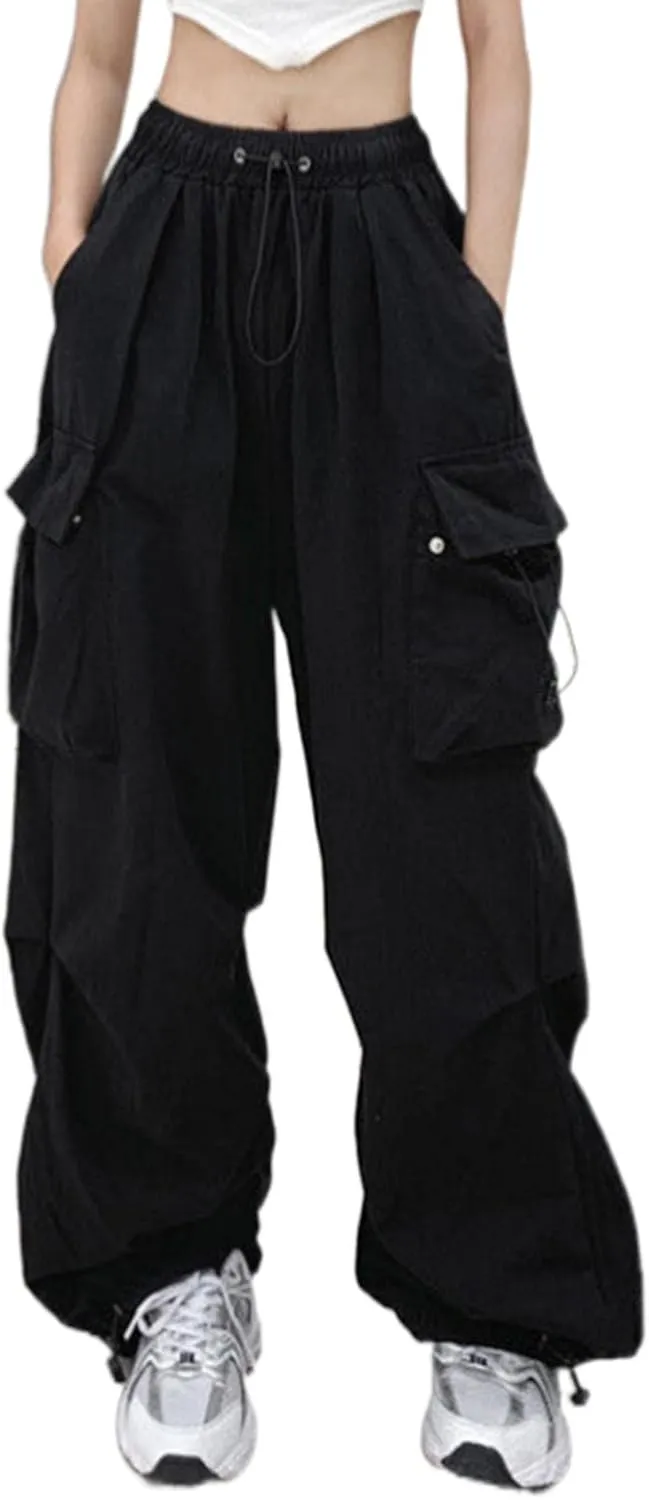 Women's Parachute Pants Baggy Drawstring Vintage Wide Leg Cargo Trousers Casual High Waisted Retro Pants with Pockets