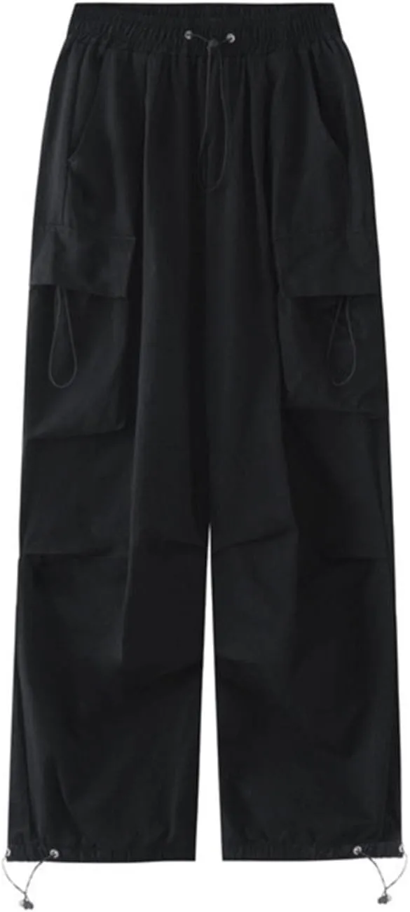Women's Parachute Pants Baggy Drawstring Vintage Wide Leg Cargo Trousers Casual High Waisted Retro Pants with Pockets