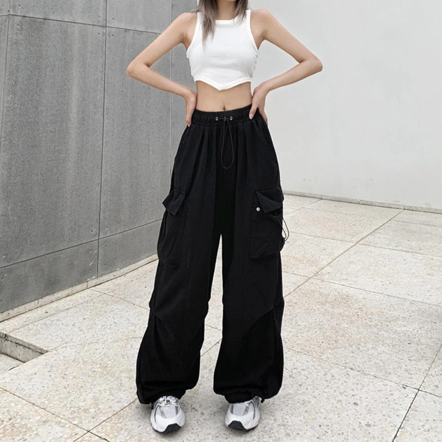 Women's Parachute Pants Baggy Drawstring Vintage Wide Leg Cargo Trousers Casual High Waisted Retro Pants with Pockets