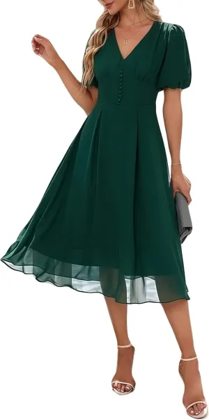 Women's Puff Sleeve V Neck Chiffon Summer Cocktail Party Dress A-Line Flowy Midi Wedding Guest Dress