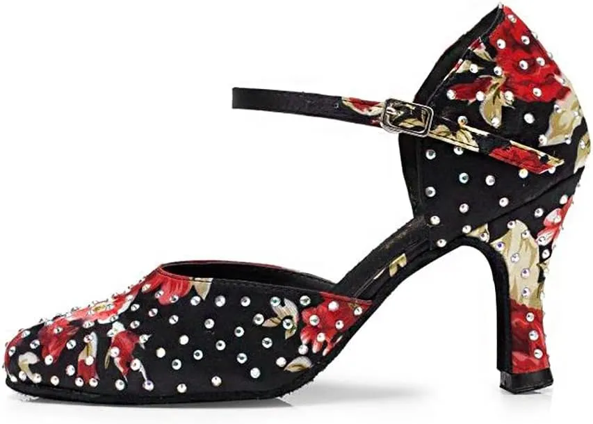 Womens Rhinestone Ballroom Dance Shoes Fashion Satin Latin Salsa Performance Dancing Shoes