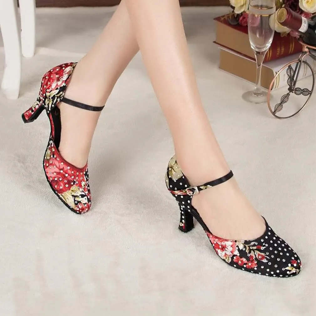 Womens Rhinestone Ballroom Dance Shoes Fashion Satin Latin Salsa Performance Dancing Shoes