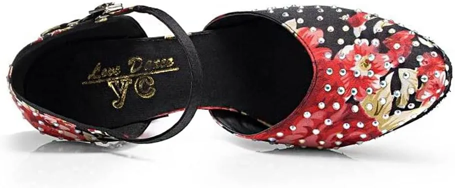 Womens Rhinestone Ballroom Dance Shoes Fashion Satin Latin Salsa Performance Dancing Shoes