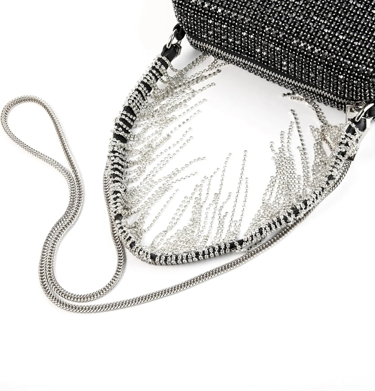 Womens Rhinestone Fringe Evening Bag Sparkling Clutch Tassel Purse with Detachable Strap for Wedding Party