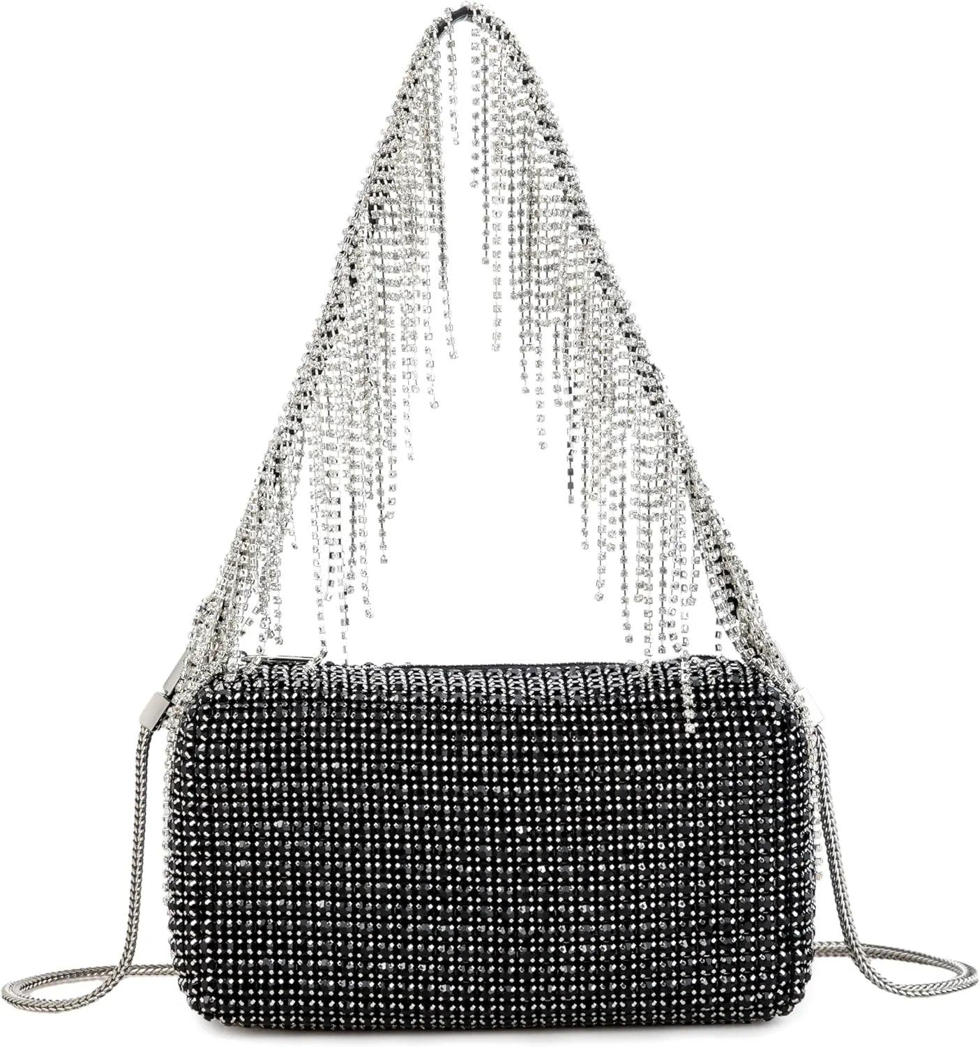 Womens Rhinestone Fringe Evening Bag Sparkling Clutch Tassel Purse with Detachable Strap for Wedding Party