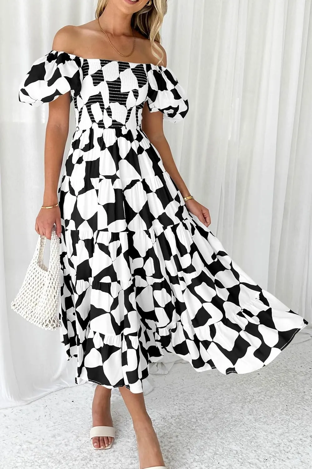 Women's Ruffle Floral Maxi Summer Dress 2025 Boho Off Shoulder Puff Sleeve Smocked Flowy Beach Dresses
