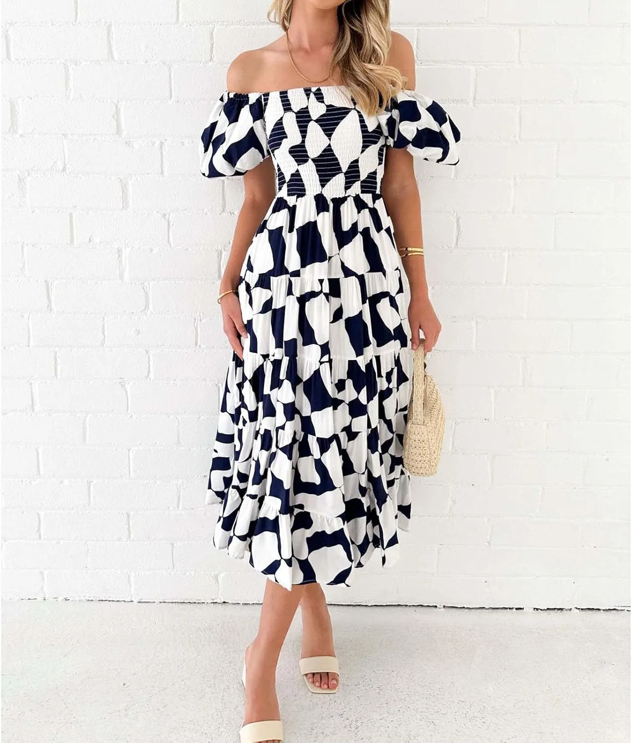 Women's Ruffle Floral Maxi Summer Dress 2025 Boho Off Shoulder Puff Sleeve Smocked Flowy Beach Dresses