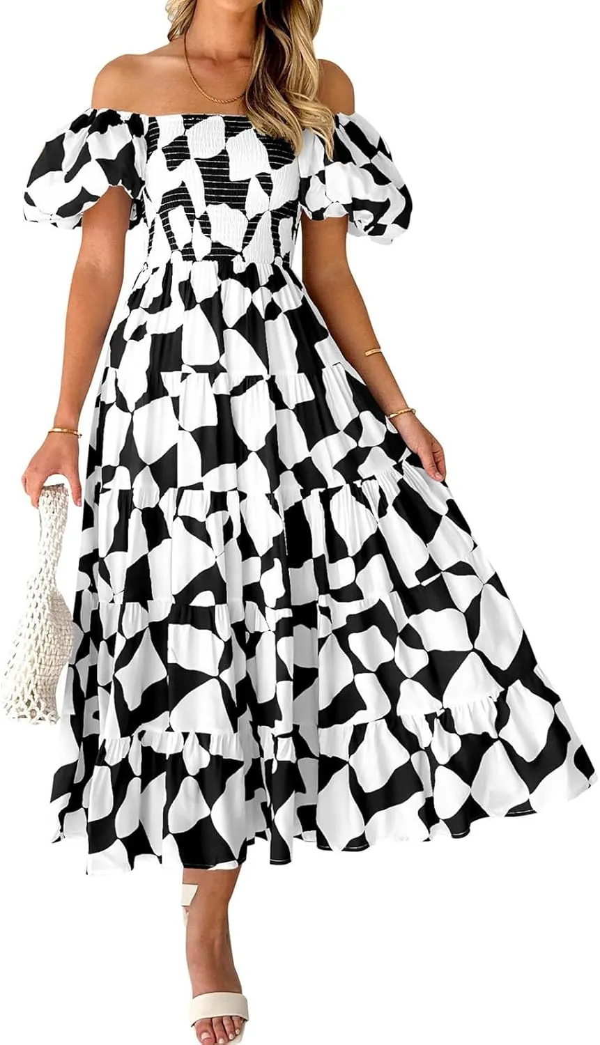 Women's Ruffle Floral Maxi Summer Dress 2025 Boho Off Shoulder Puff Sleeve Smocked Flowy Beach Dresses