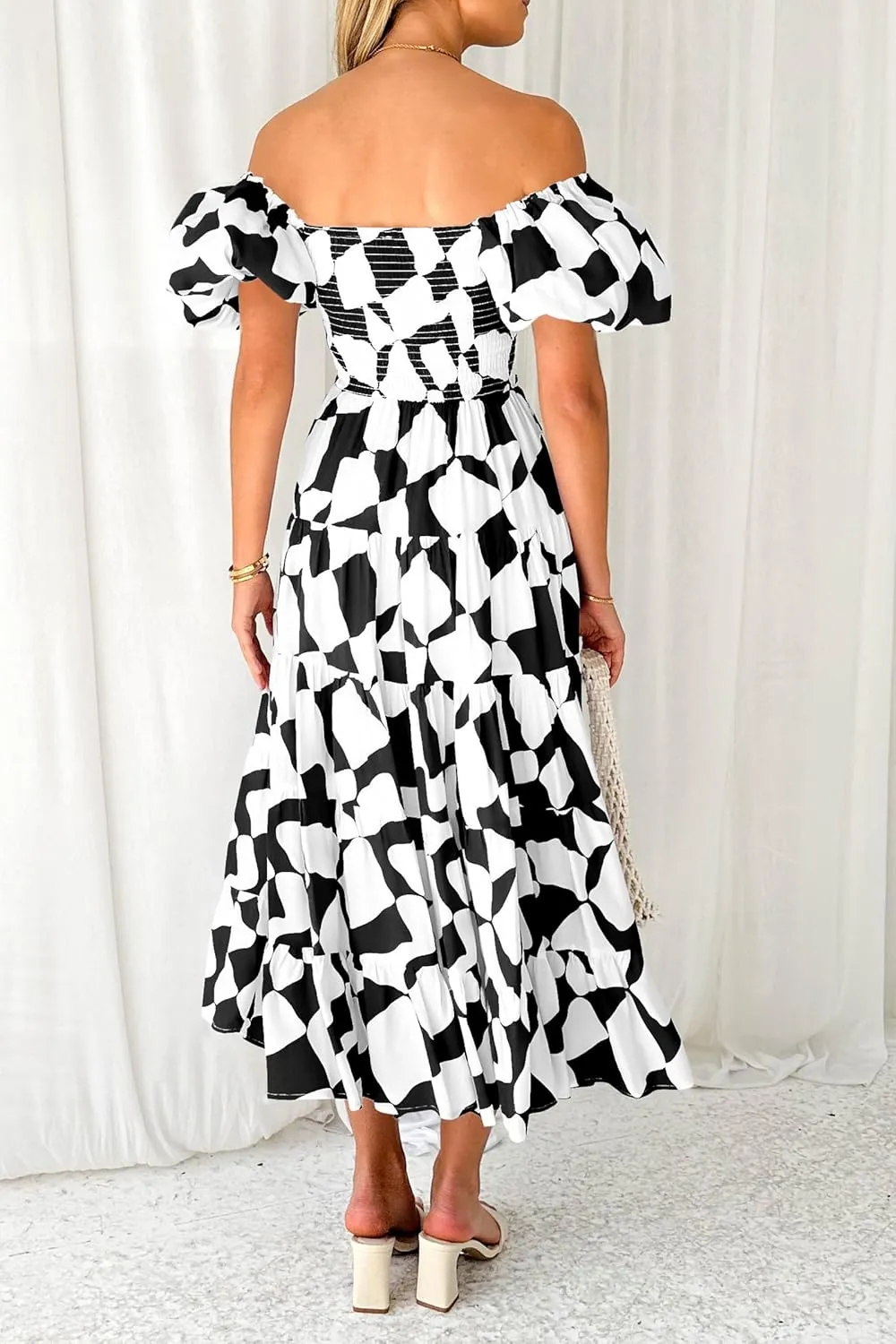 Women's Ruffle Floral Maxi Summer Dress 2025 Boho Off Shoulder Puff Sleeve Smocked Flowy Beach Dresses