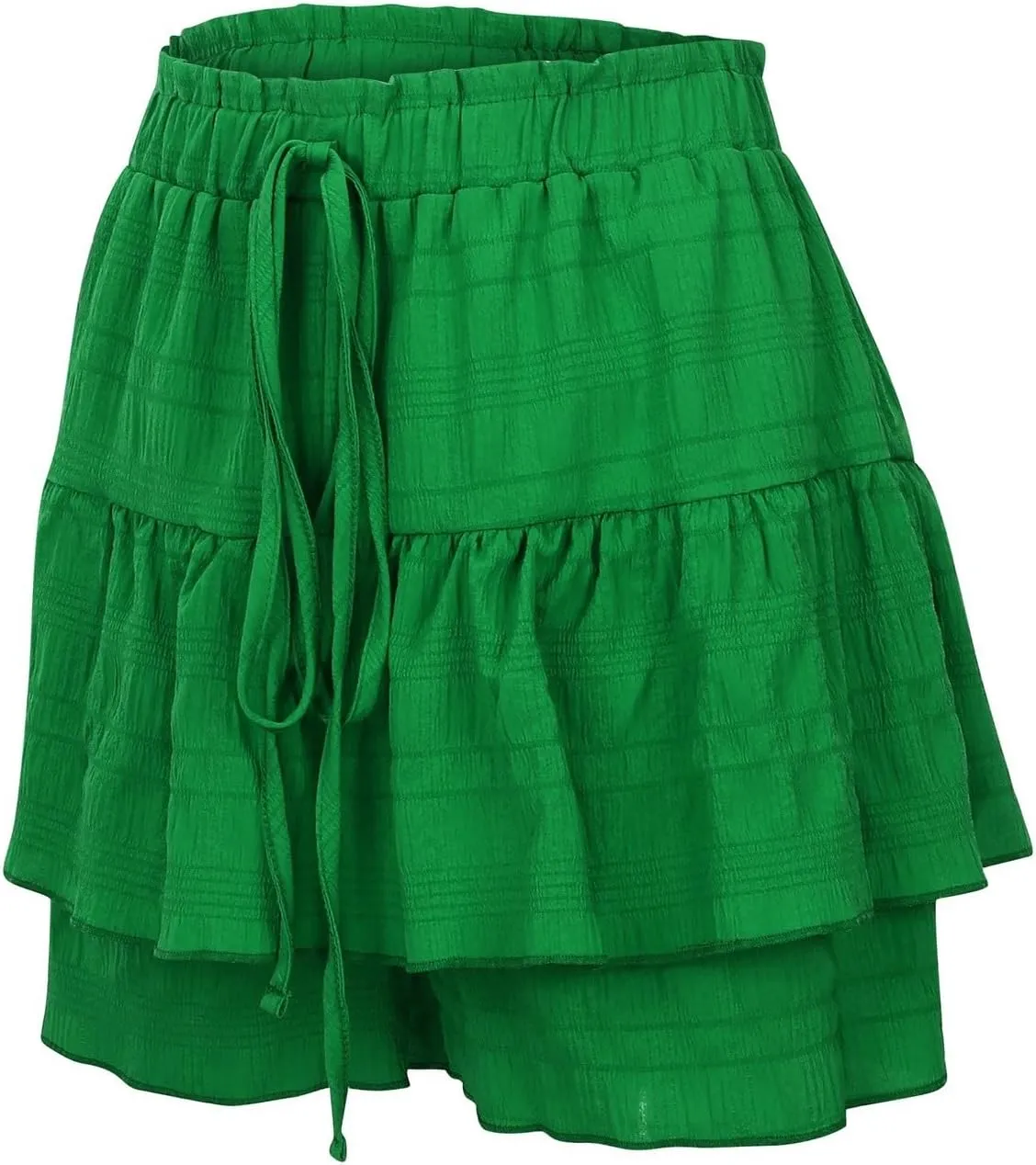 Womens Ruffle Mini Skirts Double Layer Pleated Elastic Drawstring High Waisted Flowy Skorts Casual Swing Sumer Shorts