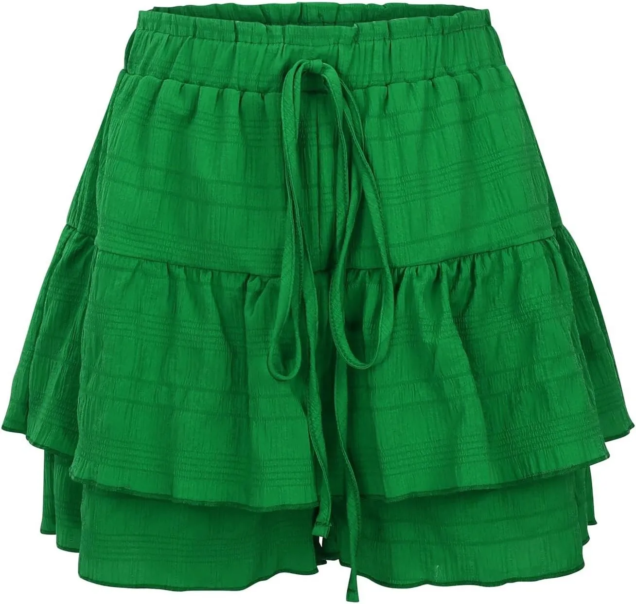 Womens Ruffle Mini Skirts Double Layer Pleated Elastic Drawstring High Waisted Flowy Skorts Casual Swing Sumer Shorts