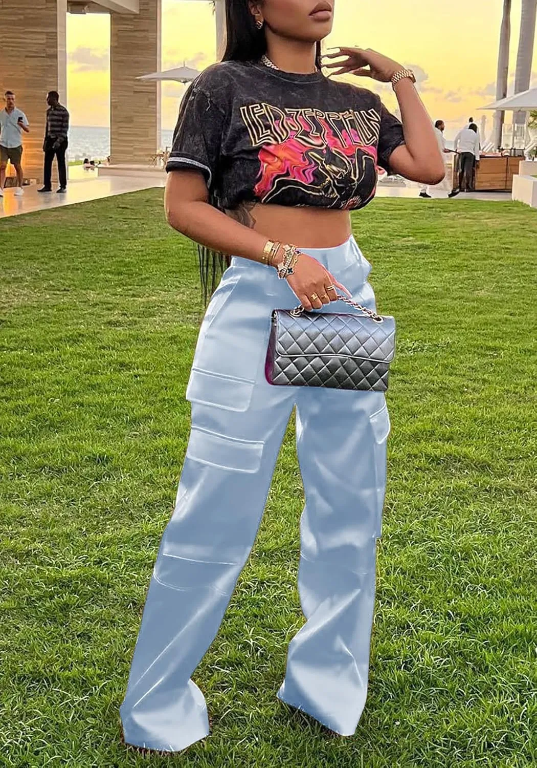 Women's Satin Cargo Wide Leg Pants High Waisted Relaxed Casual Multi Pocketed Straight Leg Trouser